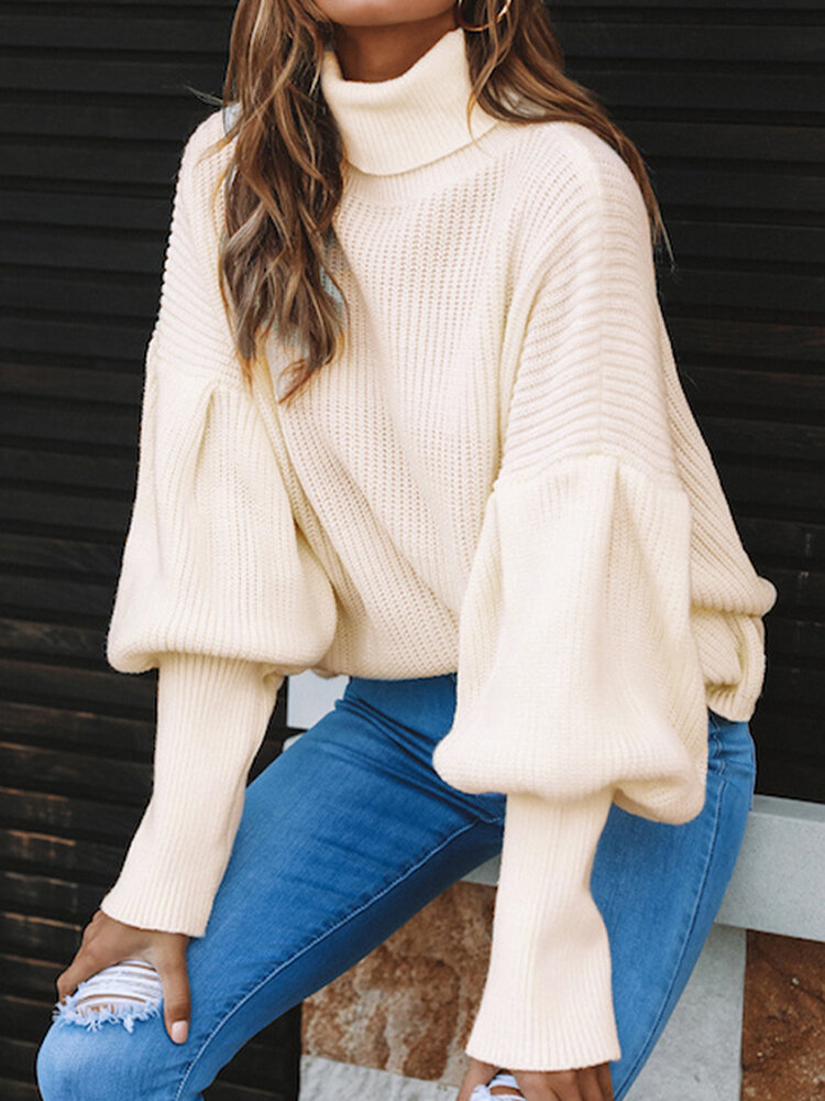Solid Color High-neck Bishop Long Sleeve Sweater