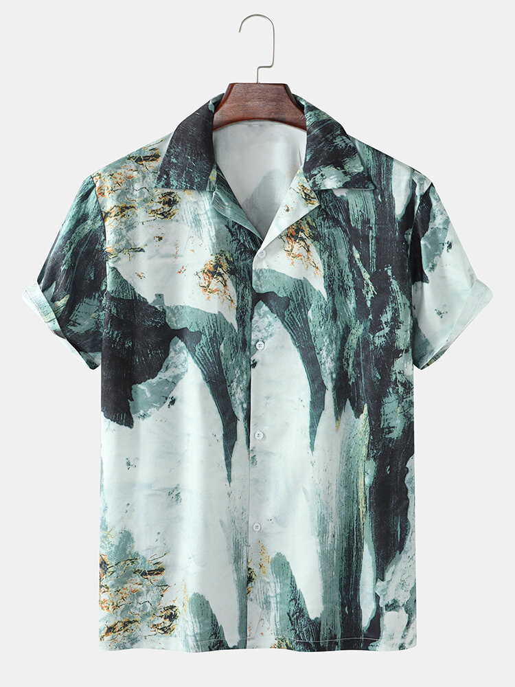 Mens Chinese Landscape Painting Print Revere Collar Short Sleeve Shirts