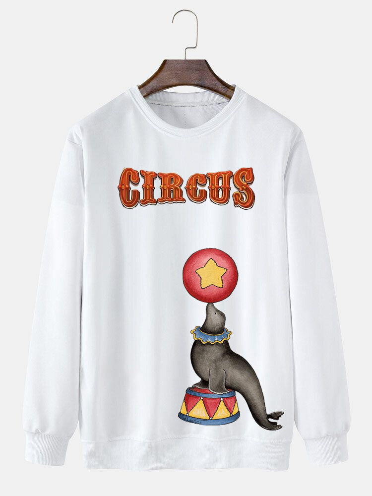 Mens Circus Animal Print Crew Neck Pullover Sweatshirts Winter