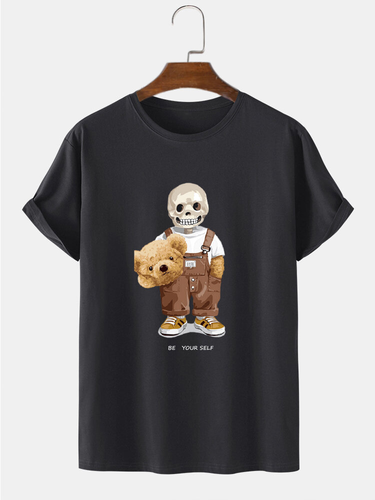 Mens 100% Cotton Funny Skull Bear Print Crew Neck Short Sleeve T-Shirt