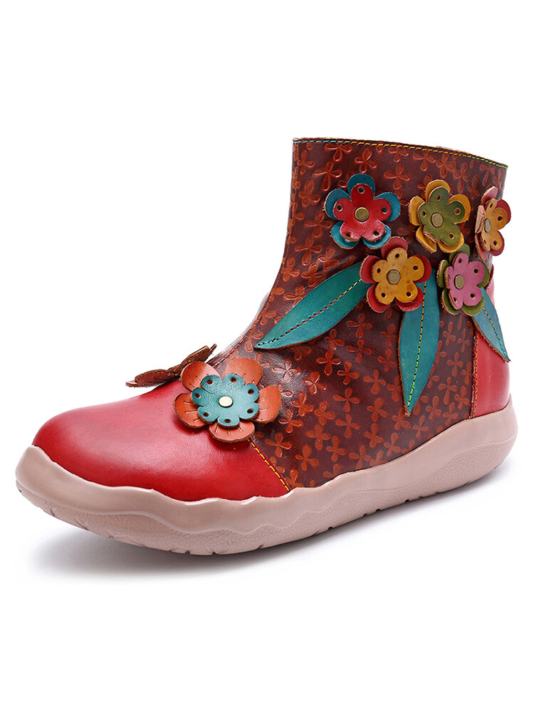 Socofy Retro Country Style Leather Floral Decor Side Zipper Soft Lightweight Comfortable Flat Boots