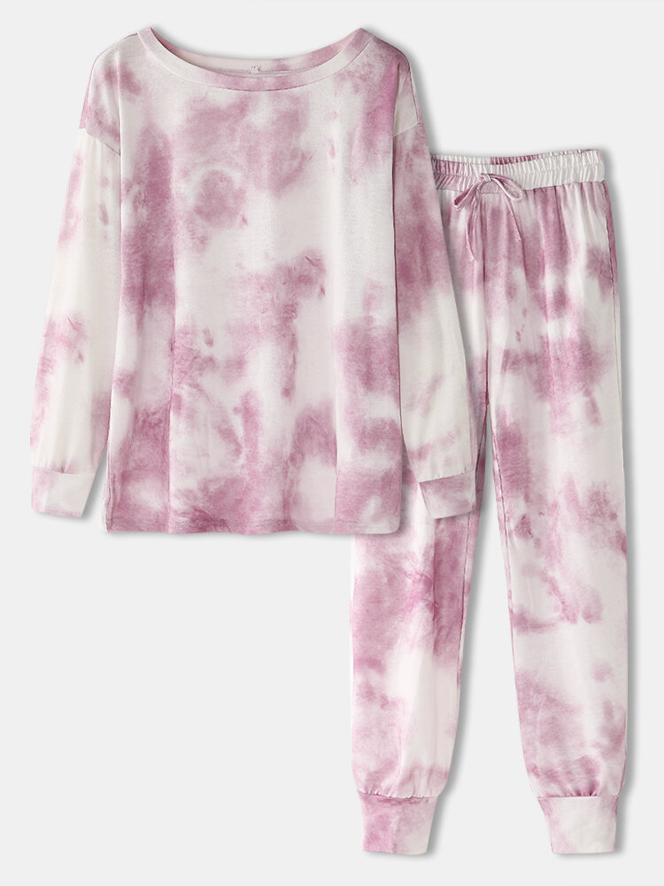 Plus Size Women Tie Dye Print Drop Shoulder Jogger Pants Long Pajama Sets