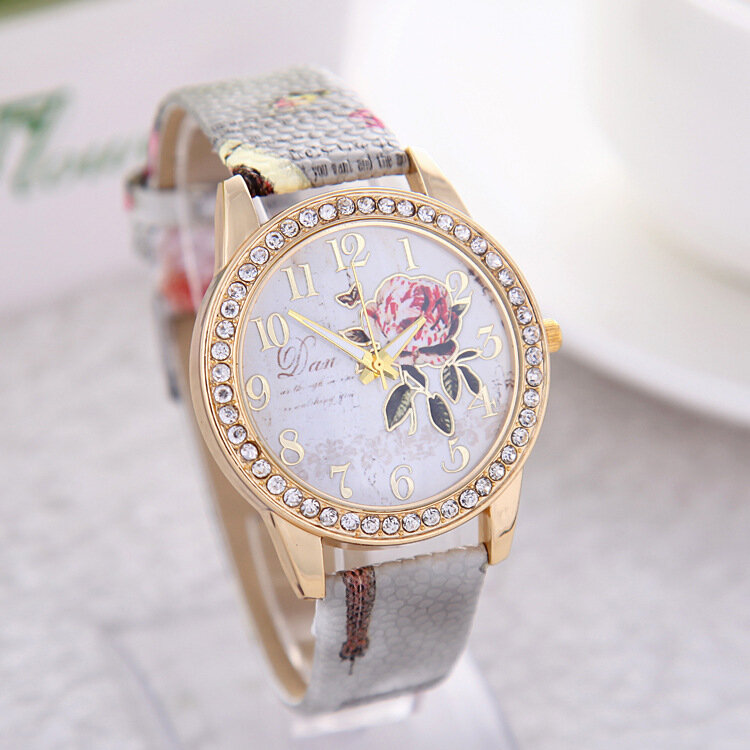 

Casual Leather Quartz Chinese Style Wristwatch Peony Pattern Watches Gift for Women, Light brown;grey;red