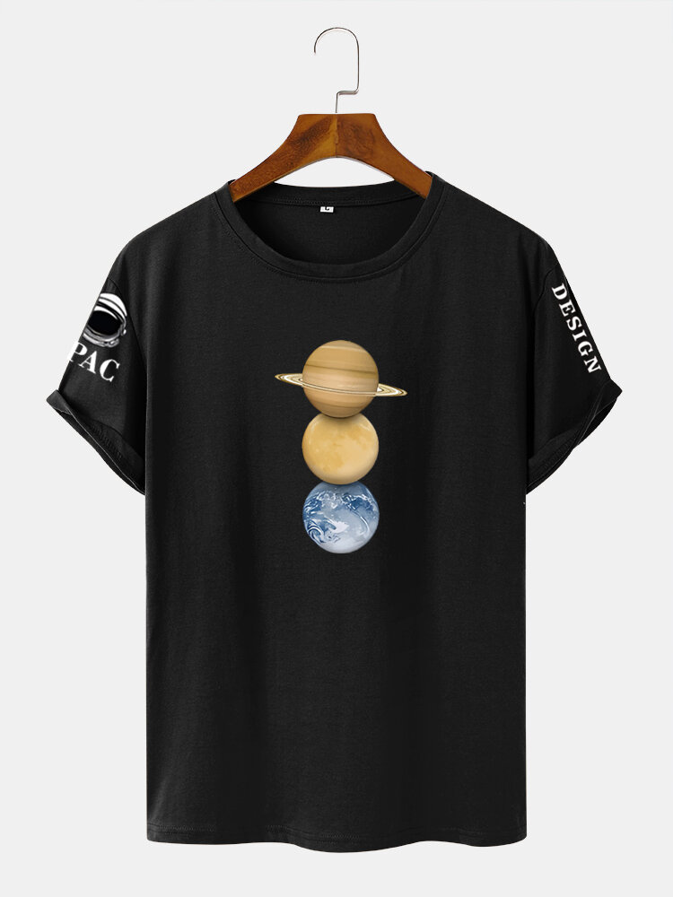 Mens Planet Letter Sleeve Print Crew Neck Street T-Shirts