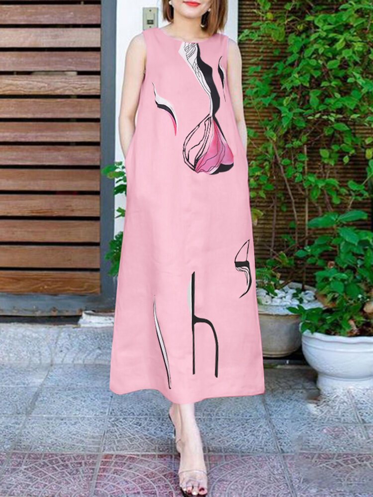 Women Abstract Print Crew Neck Sleeveless Dress With Pocket