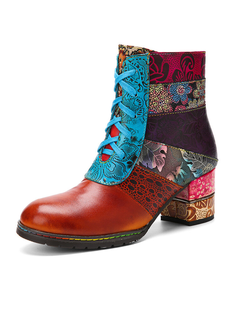 Socofy Ethnic Printed Leather Patchwork Paisley Lace-up Combined Chunky Heel Comfy Short Boots