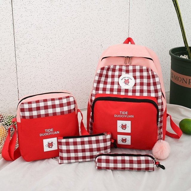 School Bag Female New Small Fresh Lattice Backpack School Bag Four-piece Student Bag