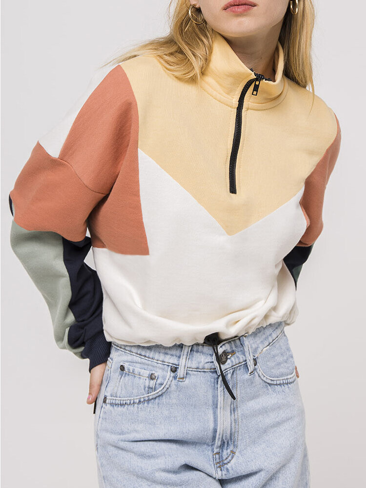 Patch Contrast Color Zipper Loose Pullover Sweatshirt For Women