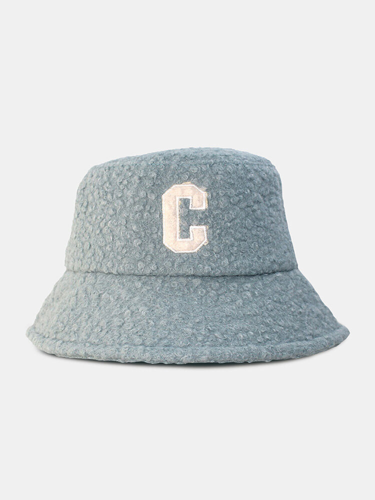 Unisex Lambswool Plush Color Contrast C Letter Embroidery Autumn Winter All-match Warmth Bucket Hat