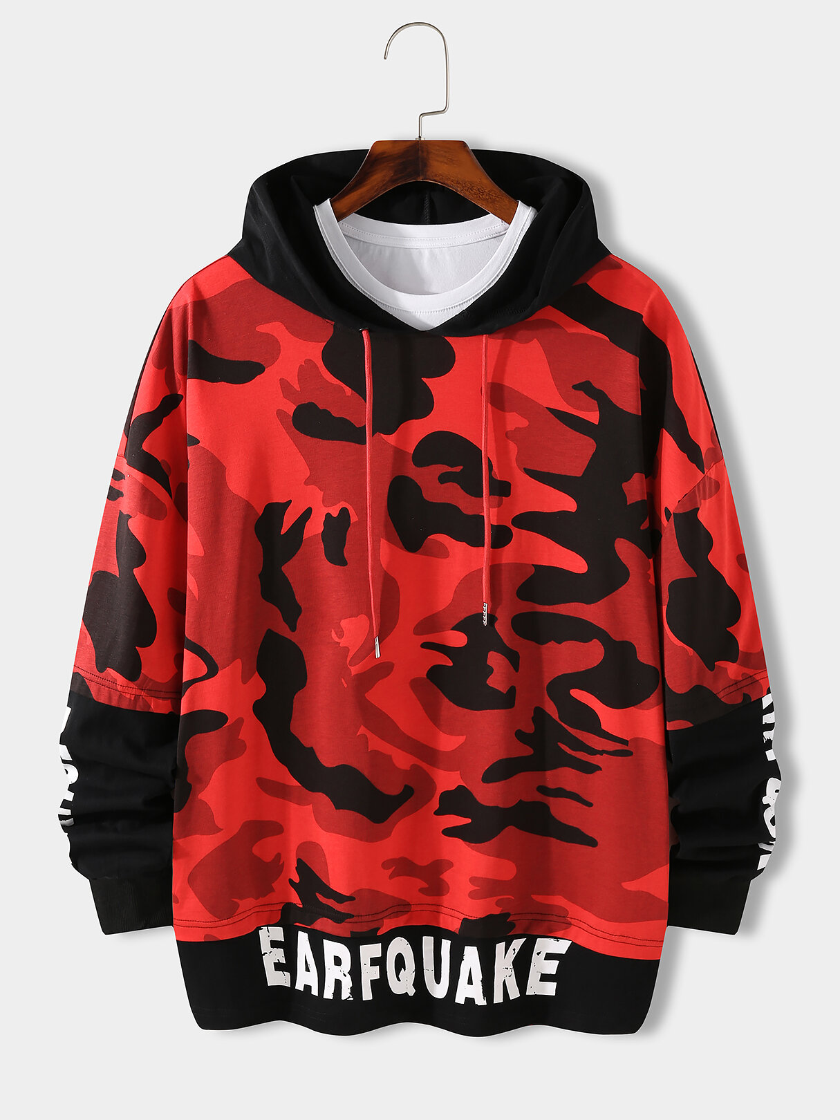 

Mens Camo Letter Print Stitching Street Loose Hoodies, Red