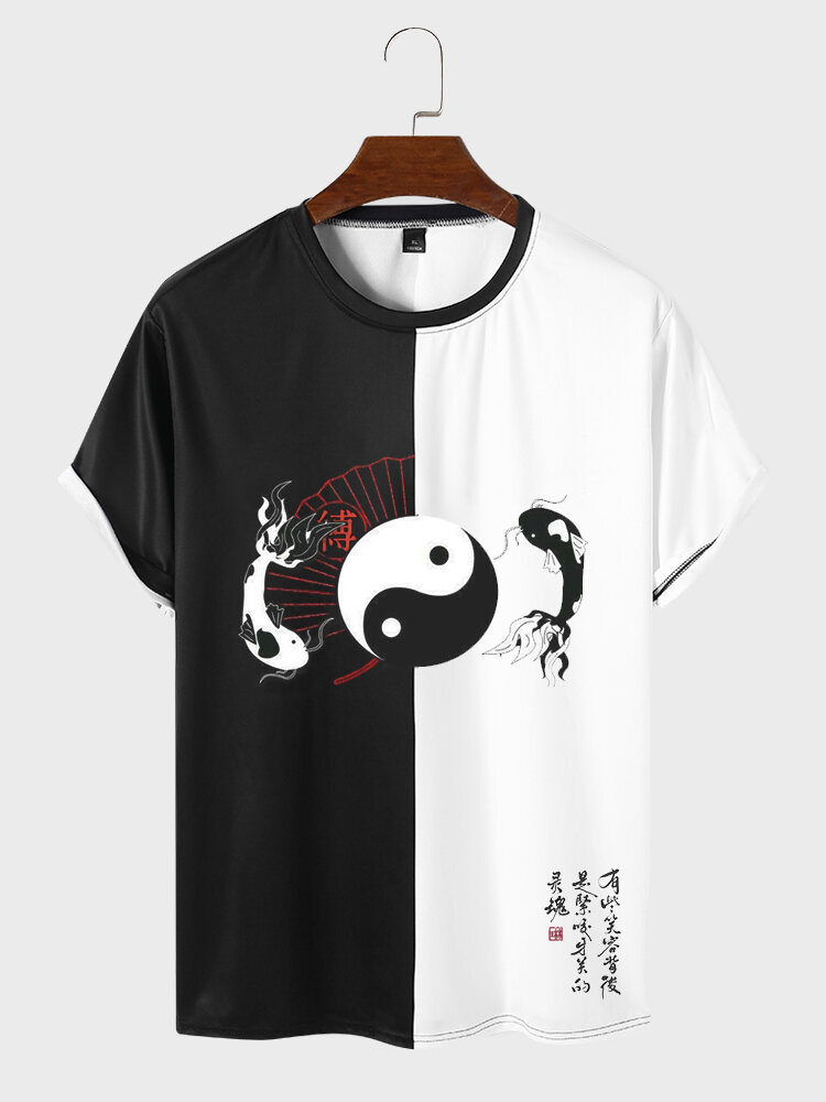 

Mens Chinese Yin Yang Carp Print Patchwork Crew Neck Short Sleeve T-Shirts, Black