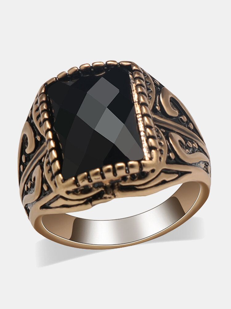 Vintage Personality Men Ring Resin Black Rectangle Gem Mount Gold Silver Alloy Ring Jewelry