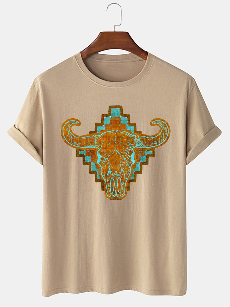 T-shirt a maniche corte invernali da uomo con grafica etnica geometrica con testa di mucca Collo
