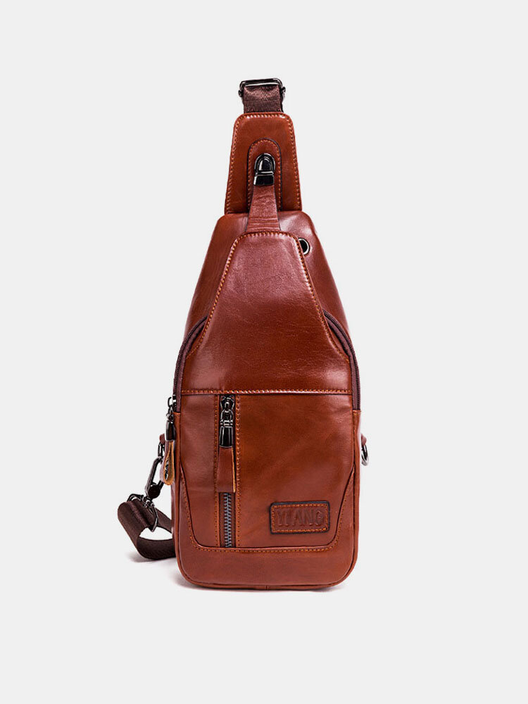 Men Genuine Leather Retro Solid Outdoor Chest Bag Crossbody Bag