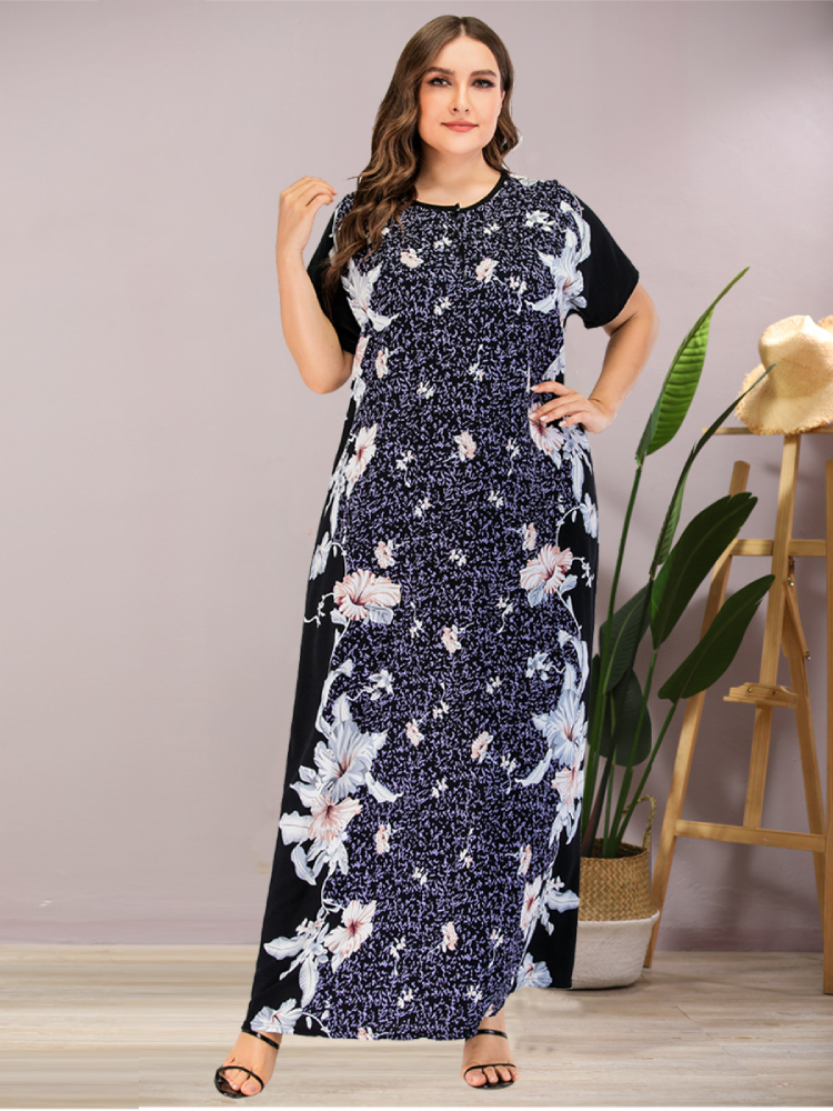 Floral Print Short Sleeve Plus Size Loose Long Dress