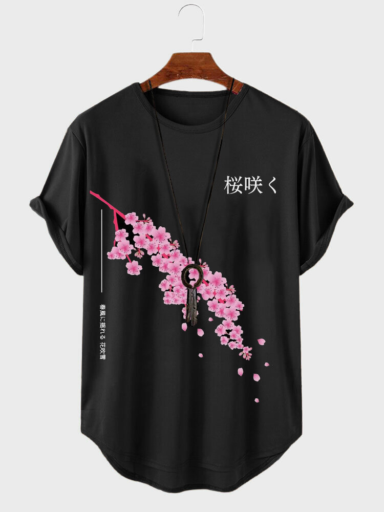 

Mens Japanese Cherry Blossoms Print Curved Hem Short Sleeve T-Shirts Winter, Black