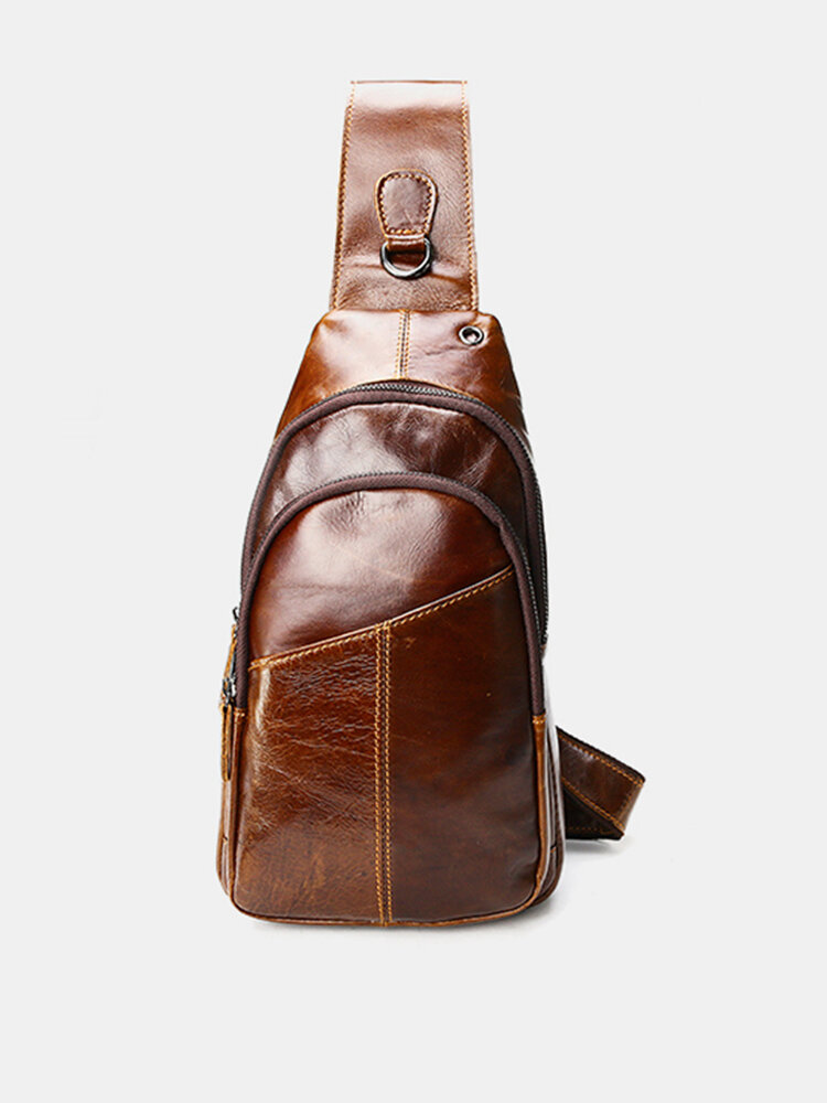 Ekphero Men Vintage Genuine Leather Crossbody Bag Chest Bag 