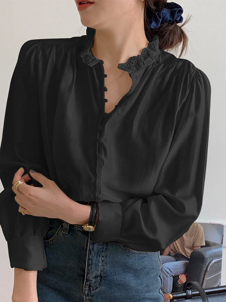 Solid Lace Stand Collar Button Long Sleeve Blouse