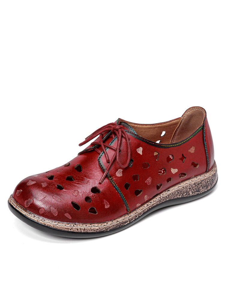 

Socofy Leather Comfort Round Toe Hollow Out Lightweight Lace-Up Flats, Wine red