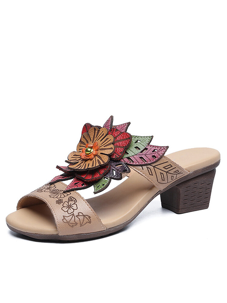 SOCOFY Leather Floral Open Toe Fish Mouth Mid Heel Slipper Sandals Women's Shoes