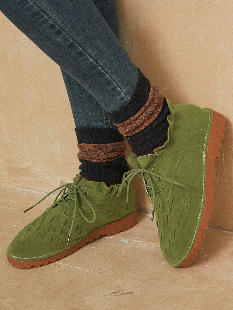 Large Size Women Comfy Suede Braided Scallop Strappy Flat Ankle Boots