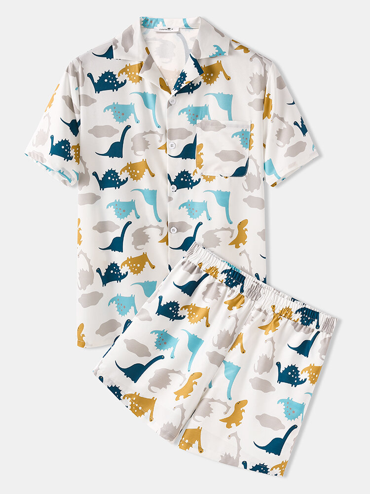 Cute Dinosaur Print Summer Thin Loungewear Sets Two Pieces Lapel Colla Short Sleeve Outfit