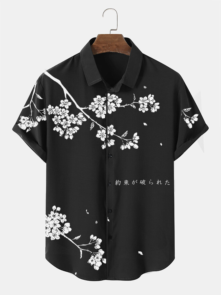 

Mens Monochrome Japanese Cherry Blossoms Print Lapel Short Sleeve Shirts, Black