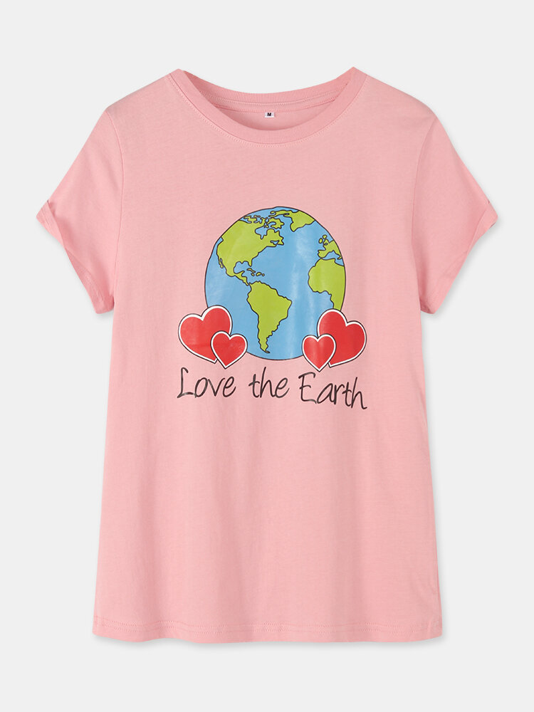 

Earth Heart Letters Print Short Sleeve Casual T-shirt for Women, Gray;yellow;pink;white;army green;wine red;blue;fluorescent green;light orange;beige;mint green