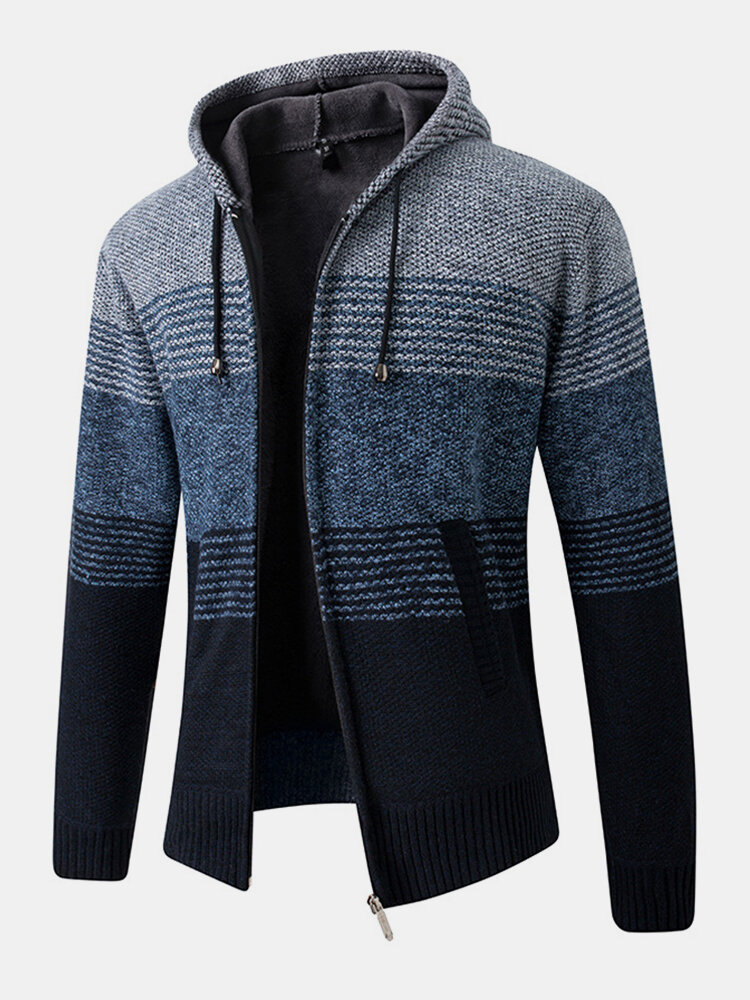 Mens Color Block Zip Front Plush Lined Knit Warm Hooded Cardigans