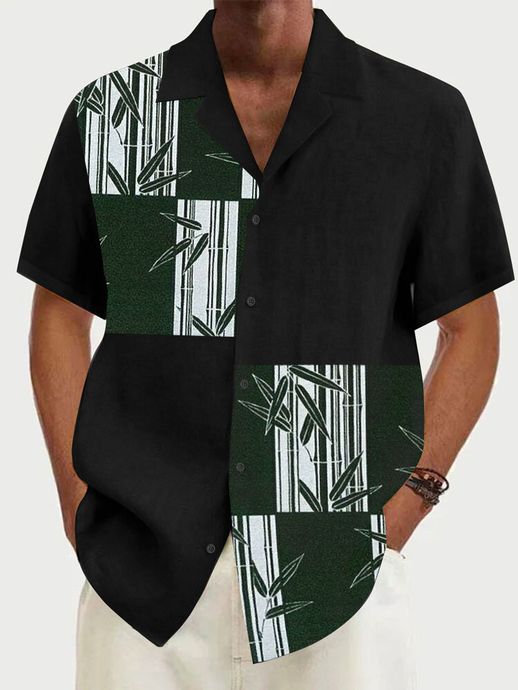 Mens Chinese Bamboo Print Patchwork Revere Collar Short Sleeve Shirts Winter