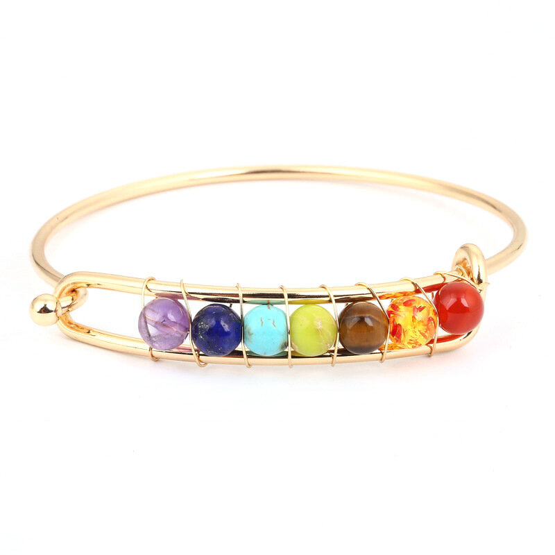 

Yoga Balance 7 Chakra Colorful Beads Ball Crystal Bangle Gold Friendship Bracelet for Women, Gold;silver
