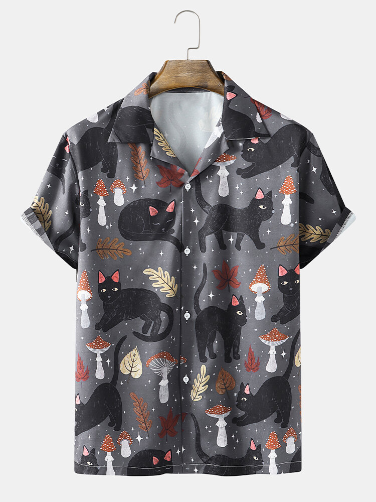 Mens Cat & Mushroom Print Revere Collar Street Short Sleeve Shirts