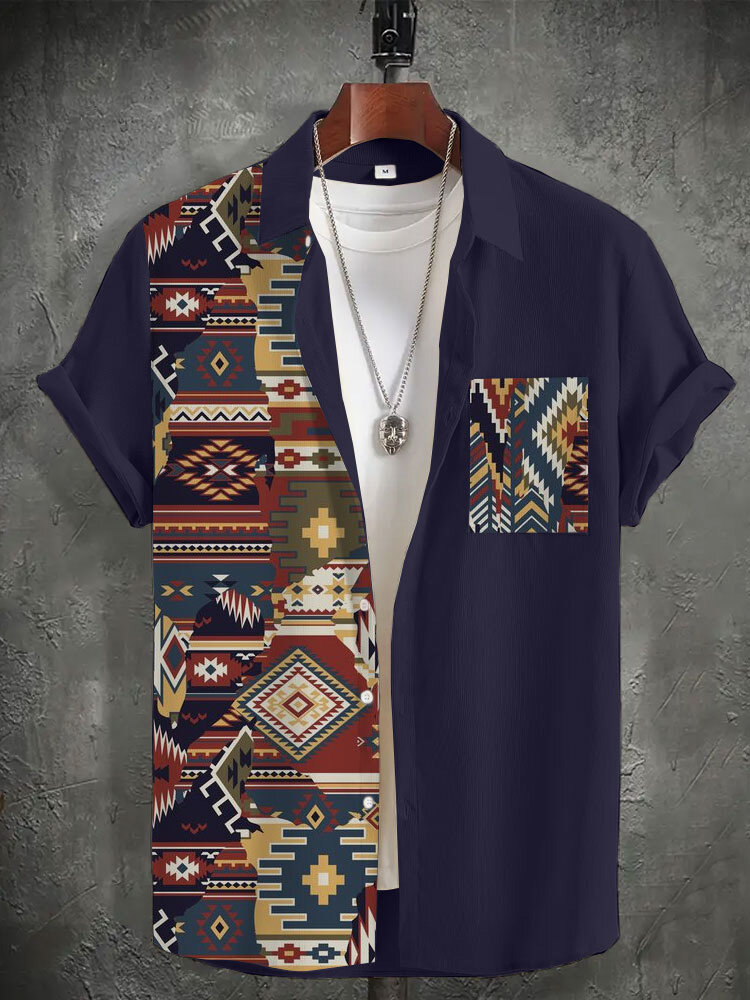 Camisas masculinas étnicas Colorful com estampa geométrica patchwork lapela manga curta