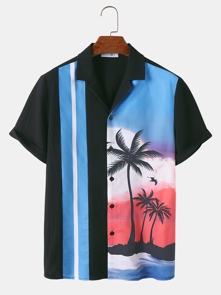 Camisas masculinas de algodão com estampa de paisagem tropical revere gola férias