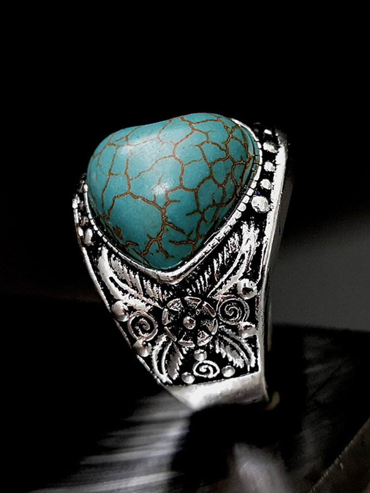 Vintage Heart-Shaped Flower Ring Turquoise Mount Women Jewlery Gift