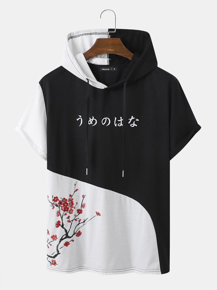 Mens Contrast Patchwork Japanese Floral Print Short Sleeve Hooded T-Shirts