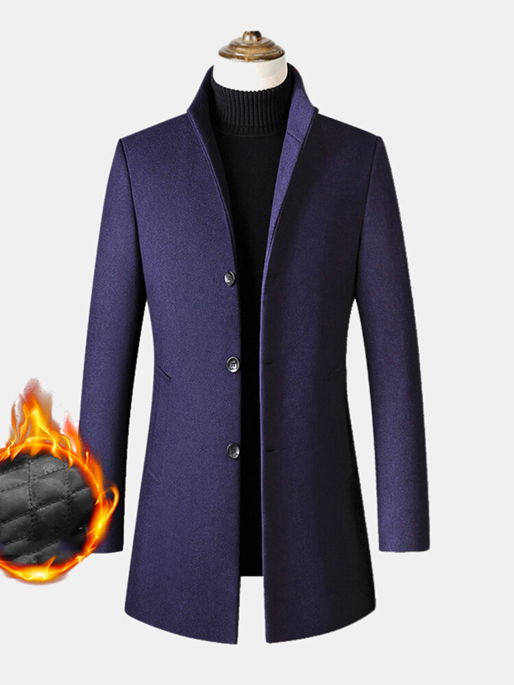 Mens Woolen High Quality Long Sleeve Warm Fleece Mid-length Blazer Casual Coats