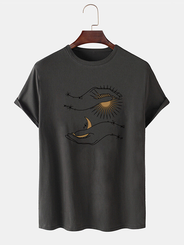 100% Cotton Mens Funny Sun Moon Hand Graphics Short Sleeve T-Shirt