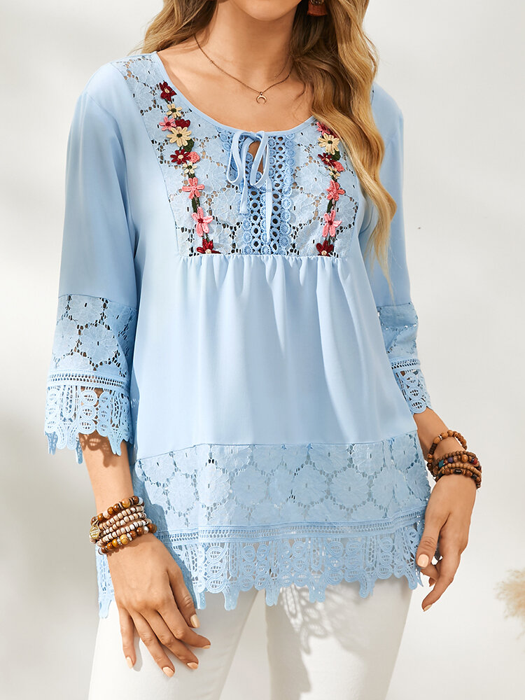 Flowers Lace Patchwork 3/4 Sleeve Knotted O-neck Bohemia Blouse for Women