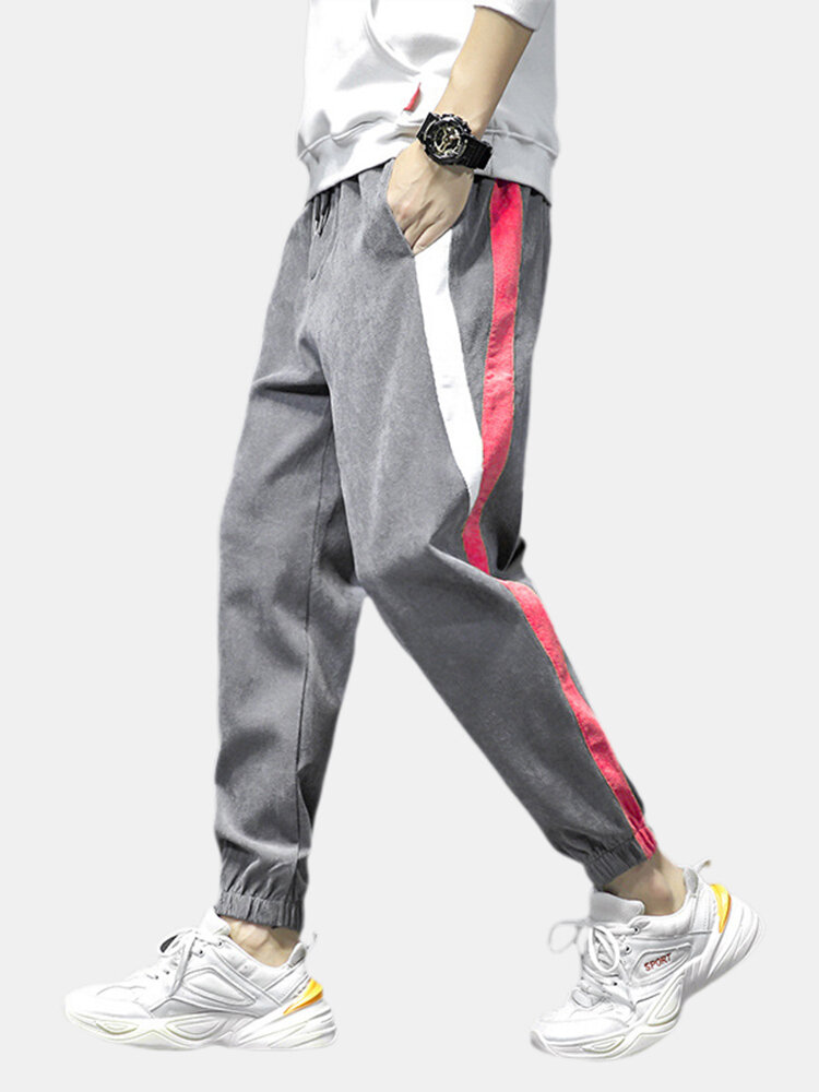 Mens Cool Streetwear Striped Drawstring Joggers Hip Hop Pants