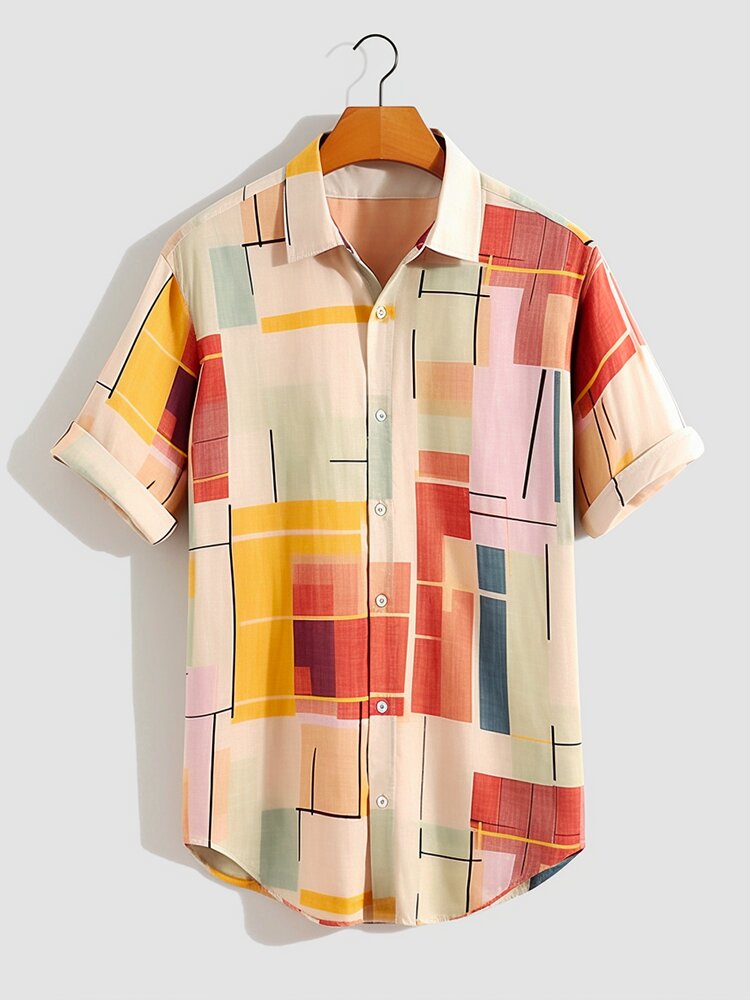 Mens Colorful Line Geometric Print Button Up Short Sleeve Shirts