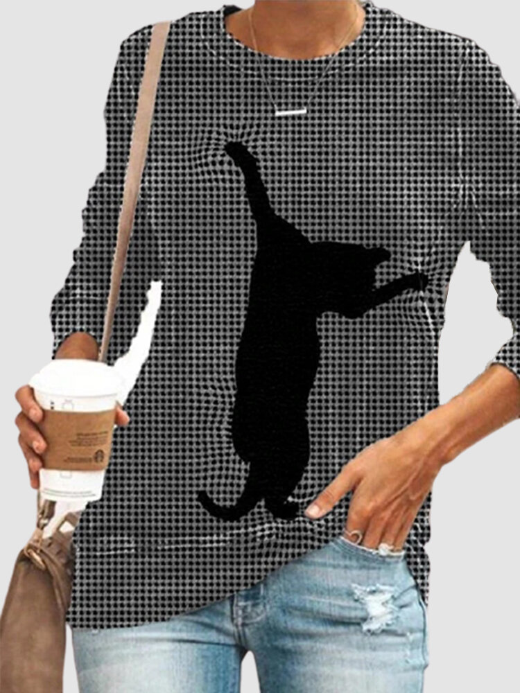 Plaid Cat Print O-neck Casual Long Sleeve Plus Size T-shirt