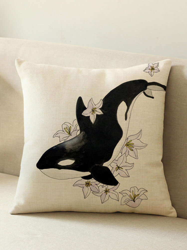 ミニマリストの黒と白のクジラパターンリネン枕カバーソファ家の装飾のオフィス枕カバー