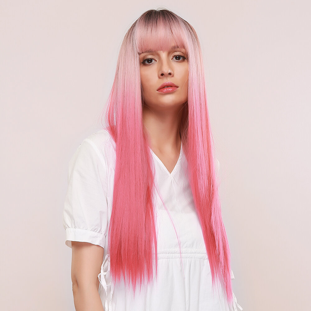 

28 Inch Synthetic Wig Cool Neat Bangs Pink Gradient Long Straight Hair