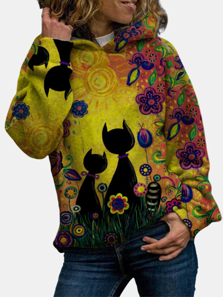 Cartoon Cat Print Long Sleeve Hoodie For Women