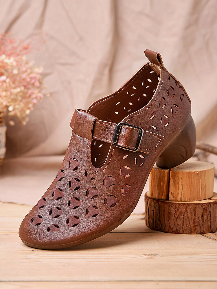 Women Breathable Soft Comfy Breathable Hollow Buckle Heeled Loafers Shoes