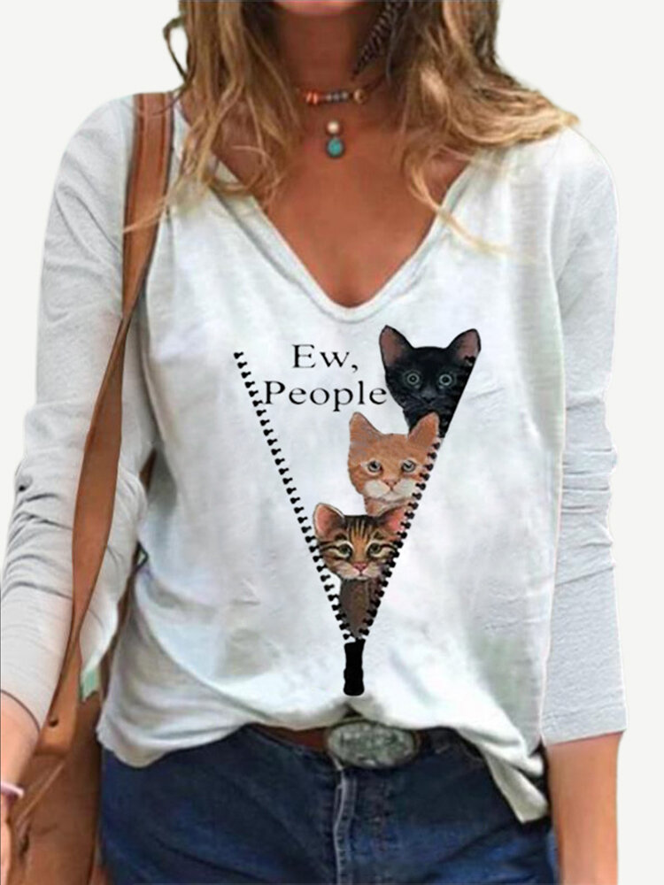 Cartoon Cat Printed Long Sleeve V-neck T-shirt For Women