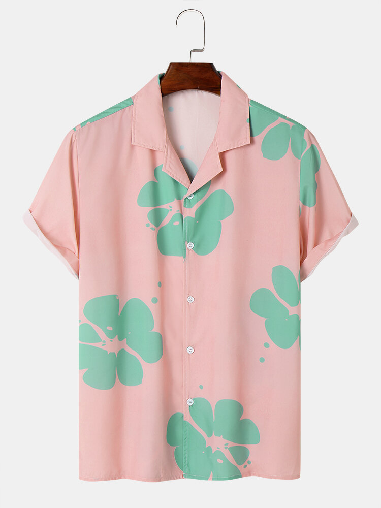 Mens Watercolor Floral Print Revere Collar Short Sleeve Shirts