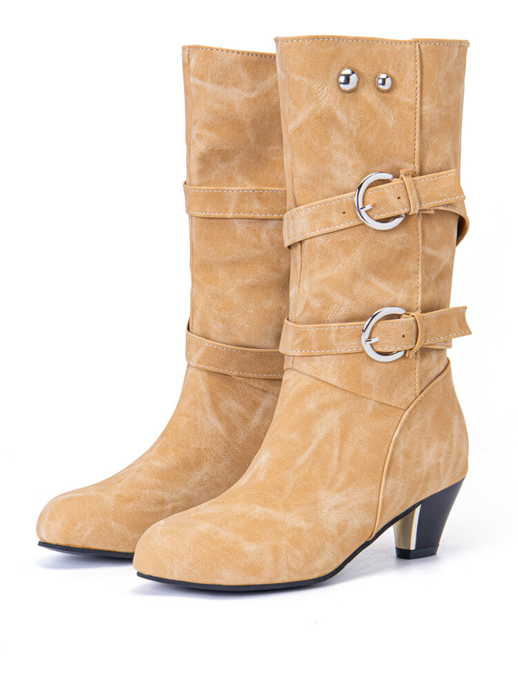 

Plus Size Women Nubuck Rivet Buckle Decor Slip On Mild Calf Boots, Black;gray;beige;khaki