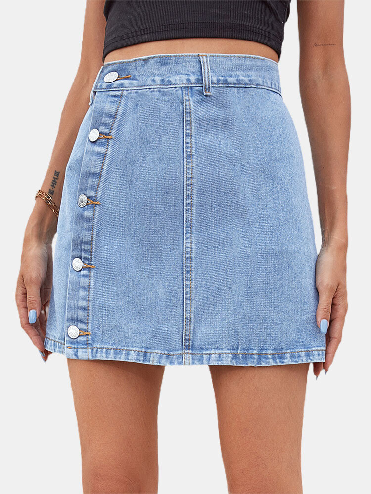 Solid Color Single Breasted A-lined Denim Skirt For Women